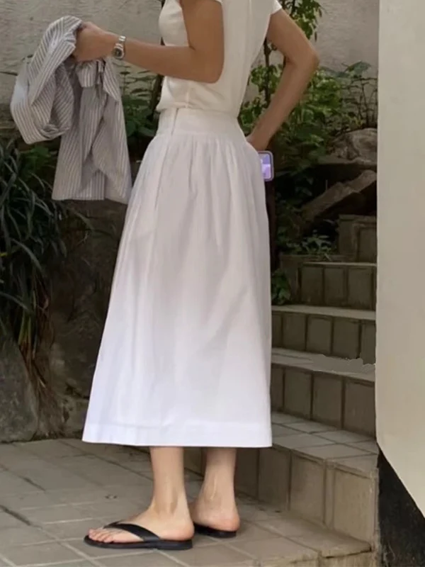 

Ele White Pleated f Skirt Women's Summer Splicing Slim High Waist Korean Sle Commute Cotton A-Line Umbrella Skirt