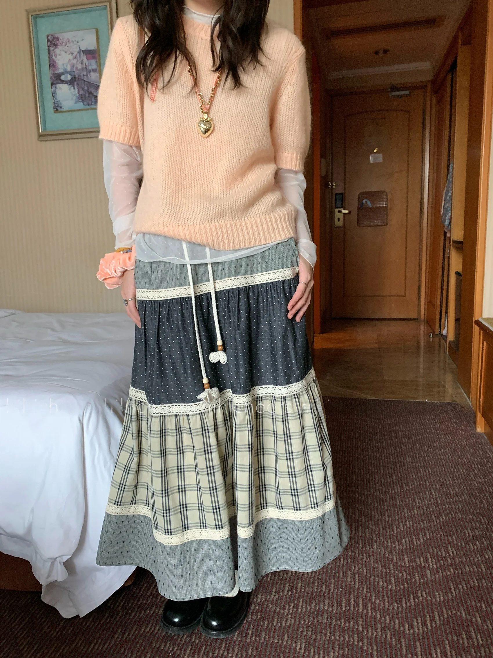 

Artistic Youth Korean Retro Loose Long Skirt Women's High Waist Splice A-Line Midi Skirt Elegant Feminine Spring Fashion
