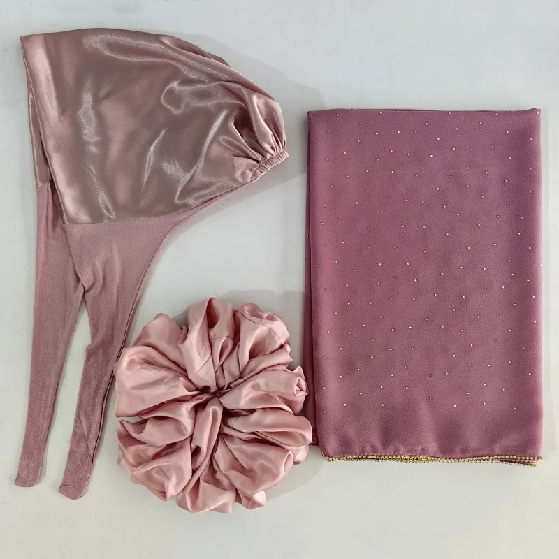 

Pink 3pcs Set Adjustable Satin Lined Modal Undercaps Scrunchie Chiffon Hijab Together Muslim Lady Scarf Popular Fashion Shawl