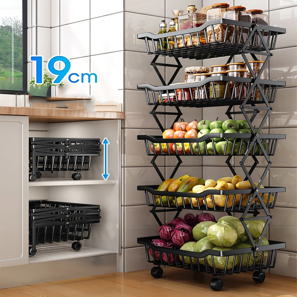 Degree Tier Stainless With Kitchen Vegetable Swivel Shelf Storage Shelf Wheels 360 Foldable Rack Fruit 5 Steel Floor Basket