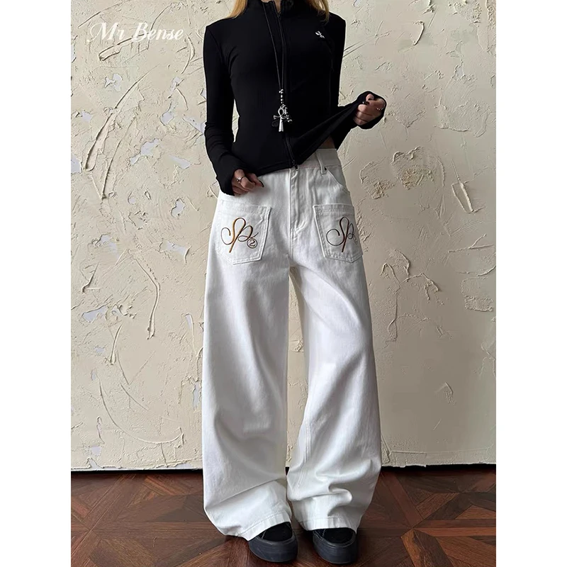 

YIBASHU Women Vintage 2000s Embroidery Y2k White Jeans Autumn High Waist Wide Leg Denim Pants Streetwear Loose Baggy Trousers