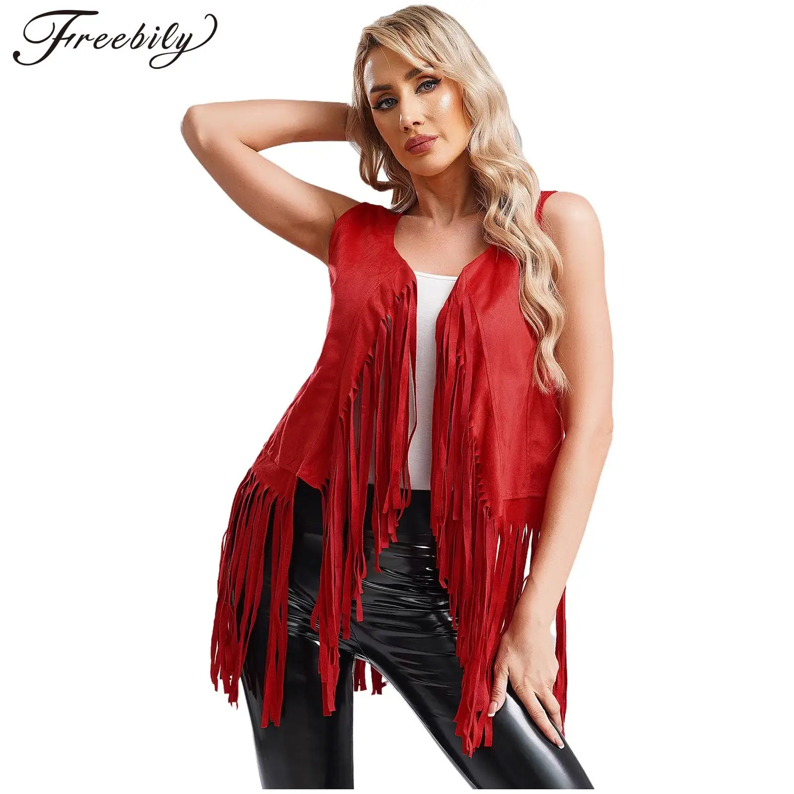 Womens Fringe Waistcoat Vest 70s Hippie Costume Sleeveless Cowgirl Western Solid Color Tassel Outerwear Cardigan Streetwear