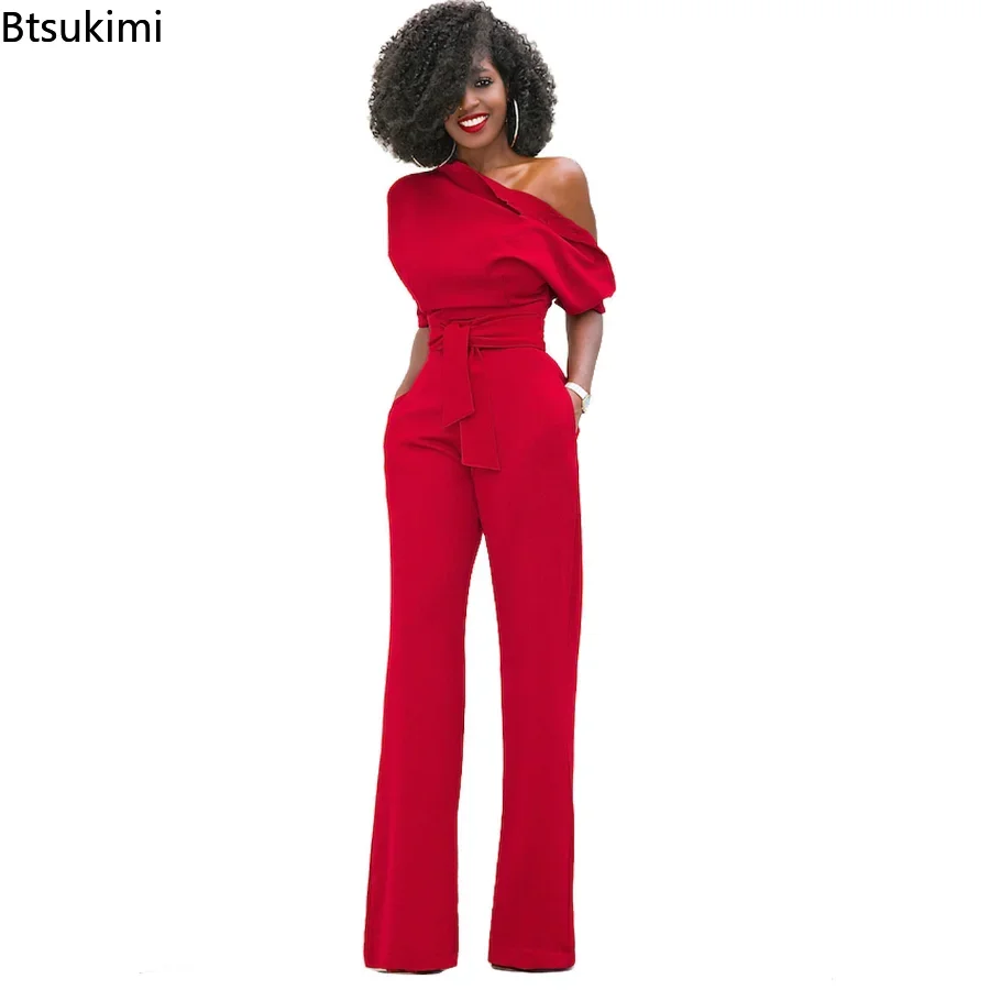 2024 Spring Autumn Casual Jumpsuit Women Elegant One Shoulder Slash Neck Romper Overalls Full Length Jumpsuit Wide Legs Jumpsuit