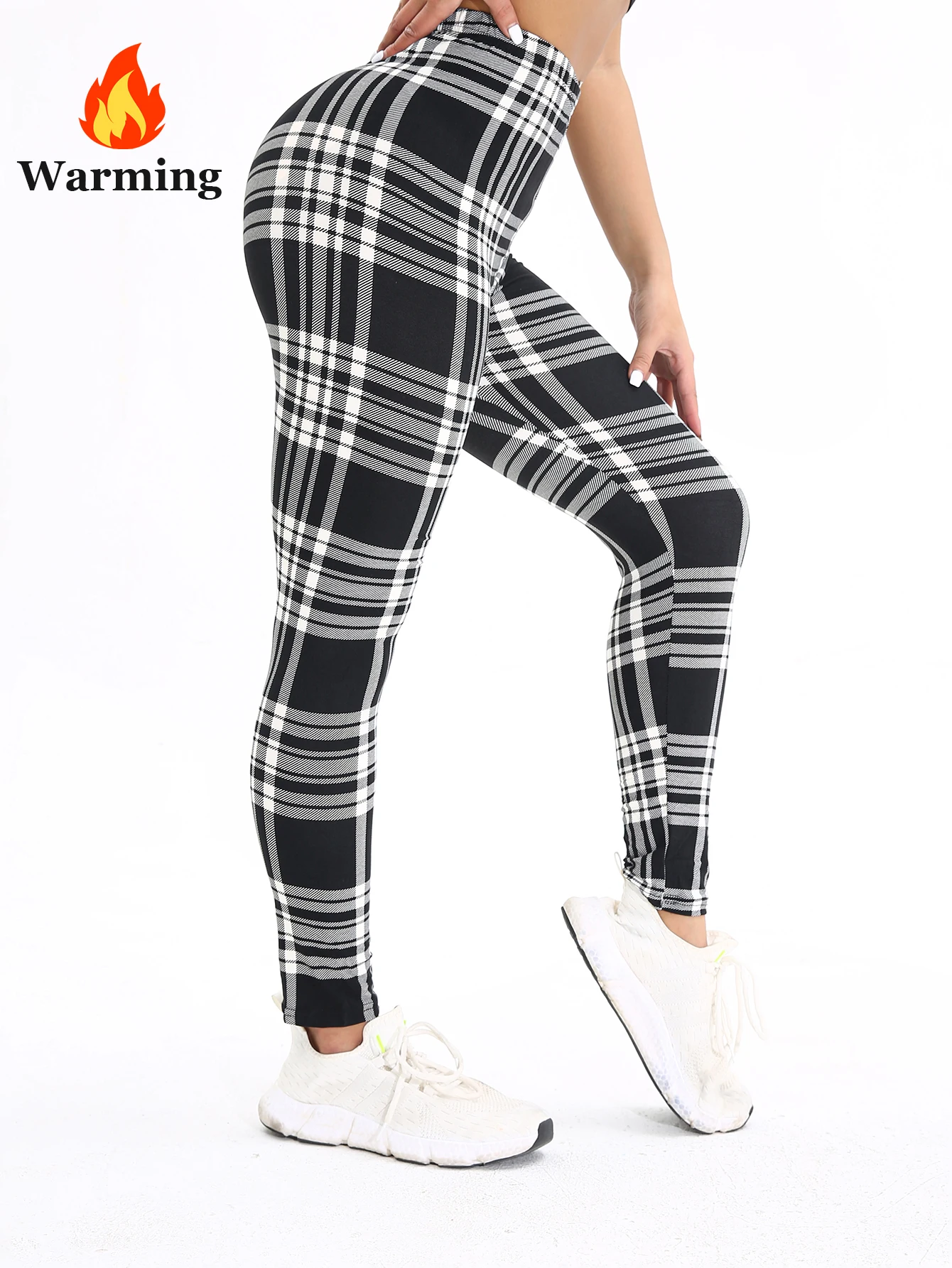 Autumn Winter 1PACK Women's Black and White Checkered Thick Velvet Sexy Tight Legging Casual Sports Elegant Fitness Yoga Pants