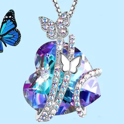 Creative Stainless Steel Zircon Butterfly Necklace Heart Crystal Pendant Engagement Necklaces for Women Insect Jewelry Gift
