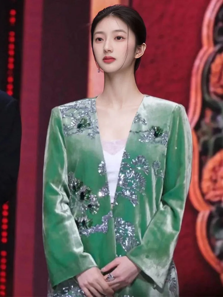 Vintage Women Shiny Diamonds Embroidery Sequined Real Silk Jacket Luxury Design V Neck Banquet Party Elegant Ladies Outwear Coat