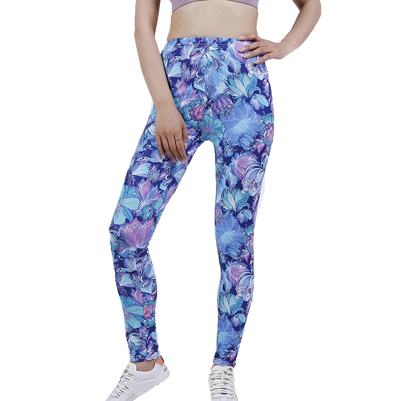 PD319 Niebieskie legginsy z płatkami kwiatów Outdoor Sports Cropped Stretch Pants