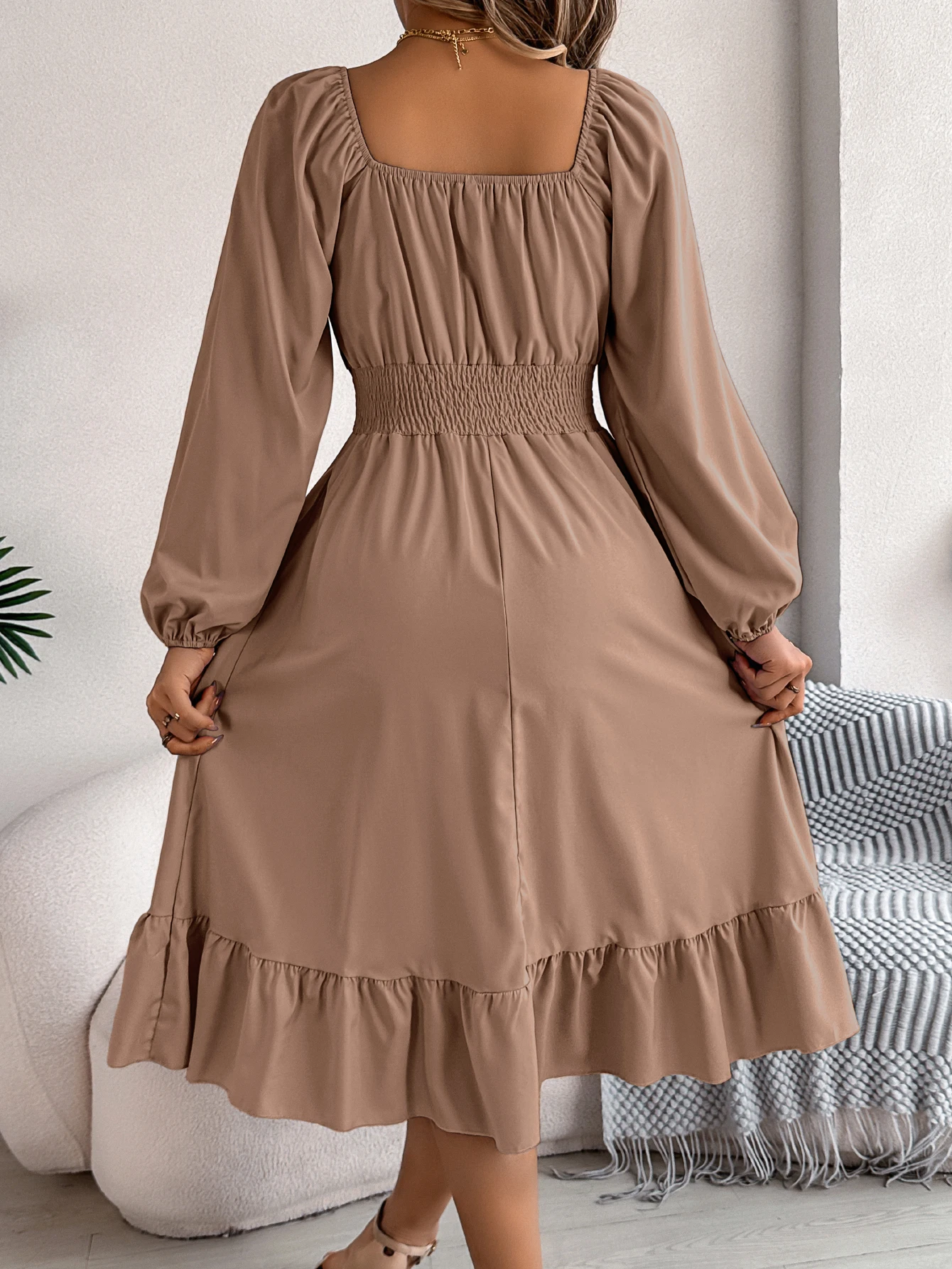 Women's Solid Color Flounce Square Neck Long Sleeve Dress with Drawstring Waist | Holiday Casual Outfit for Spring and Fall