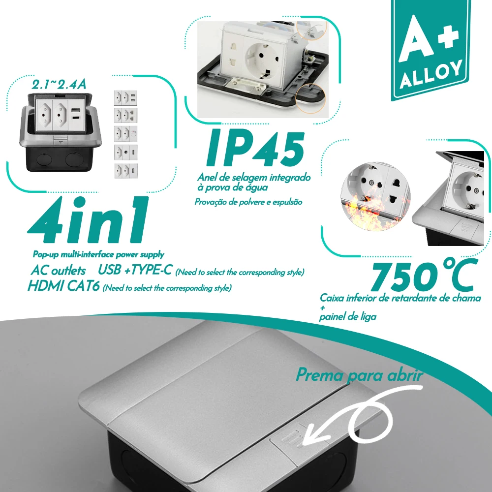 Brazil BR Pop Up Sockets 10A 2500W 2 3 Outlets with 2.1A usb rj45 hdmi AC110 220V Embedded Sliver Aluminum Alloy Hidden Socket