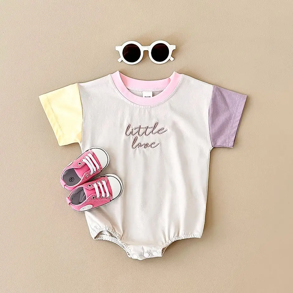 Infant Clothes Baby Romper 0-18M Summer Short Sleeve Boy Girl Babies Jumpsuit Color Patchwork Letter Embroidery Newborn Bodysuit