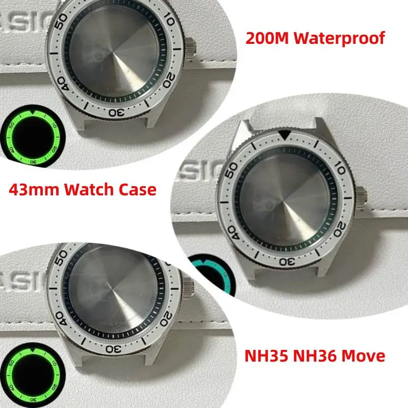 200M Waterproof Stainless Steel Watch Case White Blue Green Luminous Bezel Sapphire Glass Fit for SKX NH35A NH36A Movement
