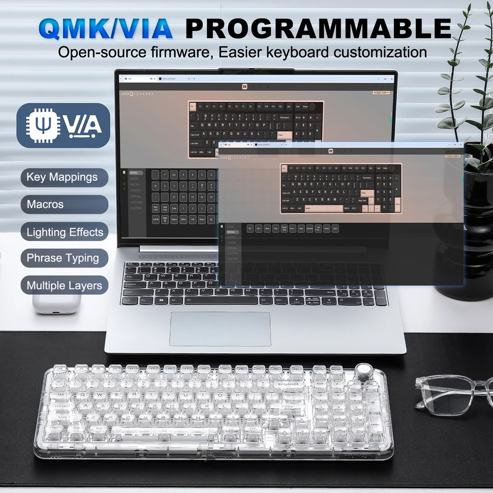 YUNZII X98 ホワイト透明メカニカルゲーミングキーボード、ワイヤレス
