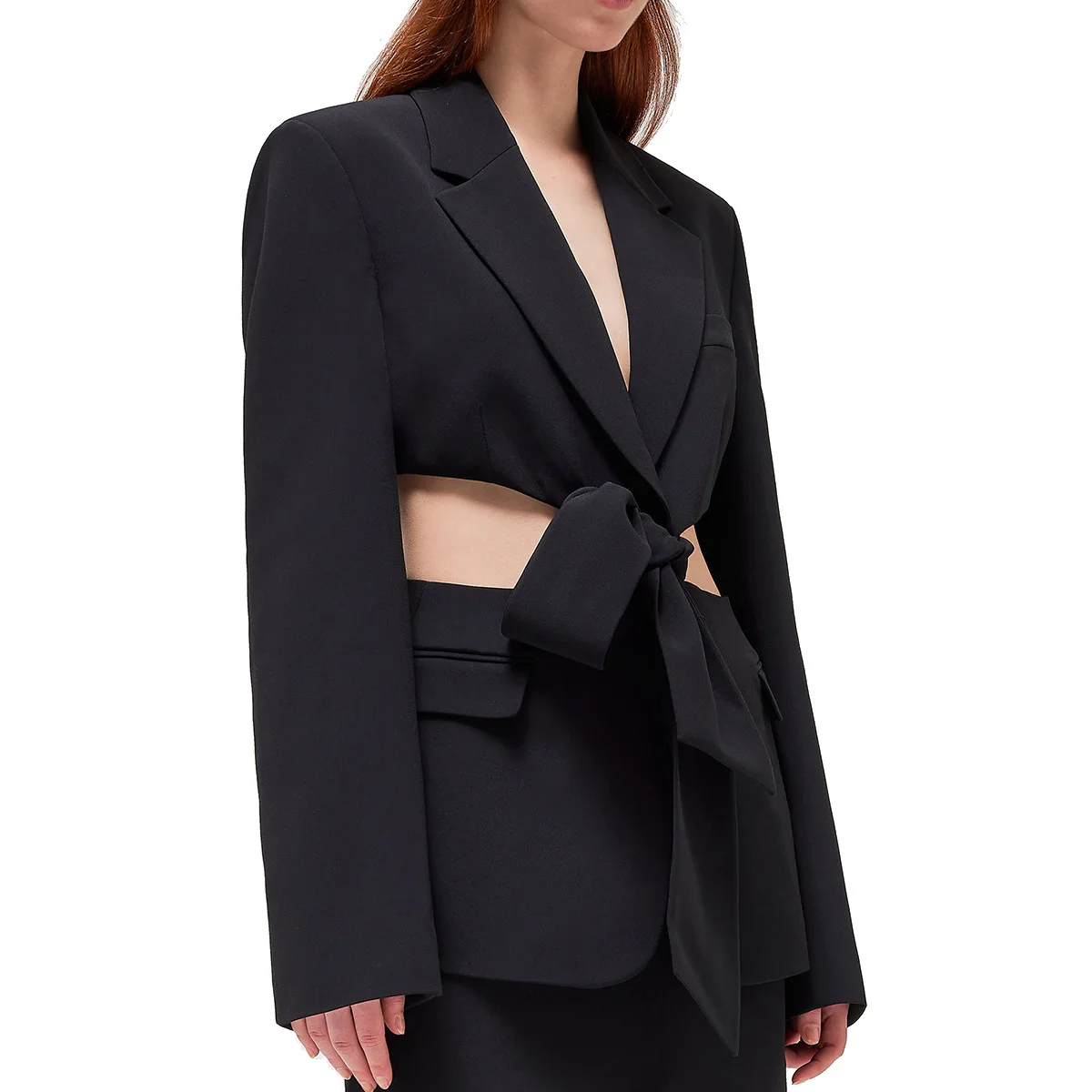 Early Spring 2023 New High-end High Street Style Hollowed Out Waist Strapping Small Suit Black Suit Top for Women