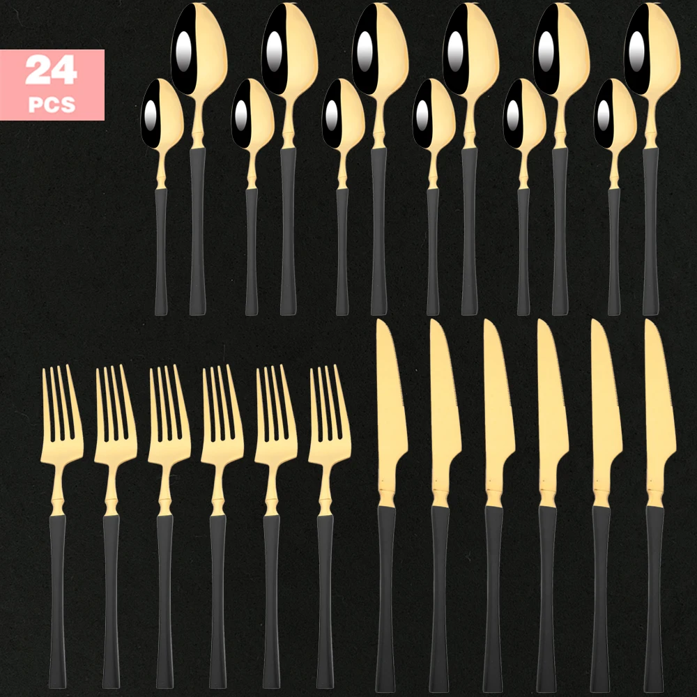 

Upscale Black Gold Dinnerware Set Stainless Steel 16/24Pcs Tableware Knife Fork Coffee Spoon Flatware Set Kitchen Cutlery Set