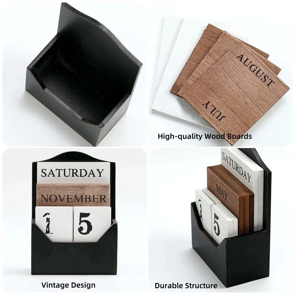 

Durable Aesthetic Wooden Perpetual Calendar Manual Home Decoration Desk Calendar Ornament White Black Date Display Ornament Room