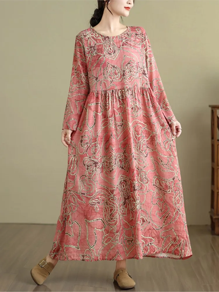 Damska sukienka oversize w paski i kwiaty na wiosnę i jesień, modna, luźna, z falbankami i plisami, codzienna długa sukienka damska.