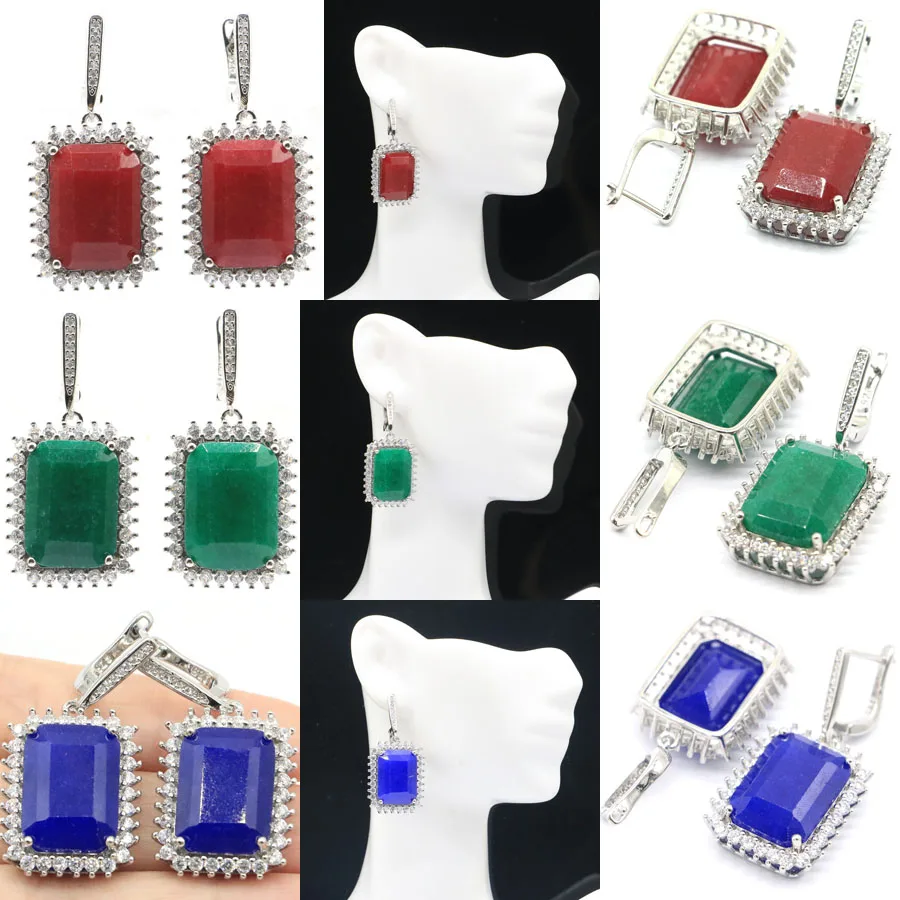 

Buy 5 Get 1 Free 40x20mm Real Green Emerald Red Ruby Blue Sapphire CZ Ladies Wedding Silver Pendant Earrings Wholesale