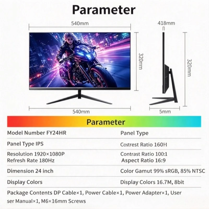 24-Inch IPS LCD 1K 1080P 1920X1080 180Hz 99% SRGB 3ms response time, non-curved gaming monitor for desktop use, new DP DVI