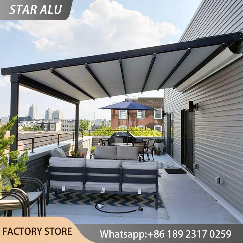 Heavy Duty Retractable Roof Pergola Motorized PVC Canopy Windproof Foldable Awning Outdoor Patio Shelter Waterproof Rain Cover