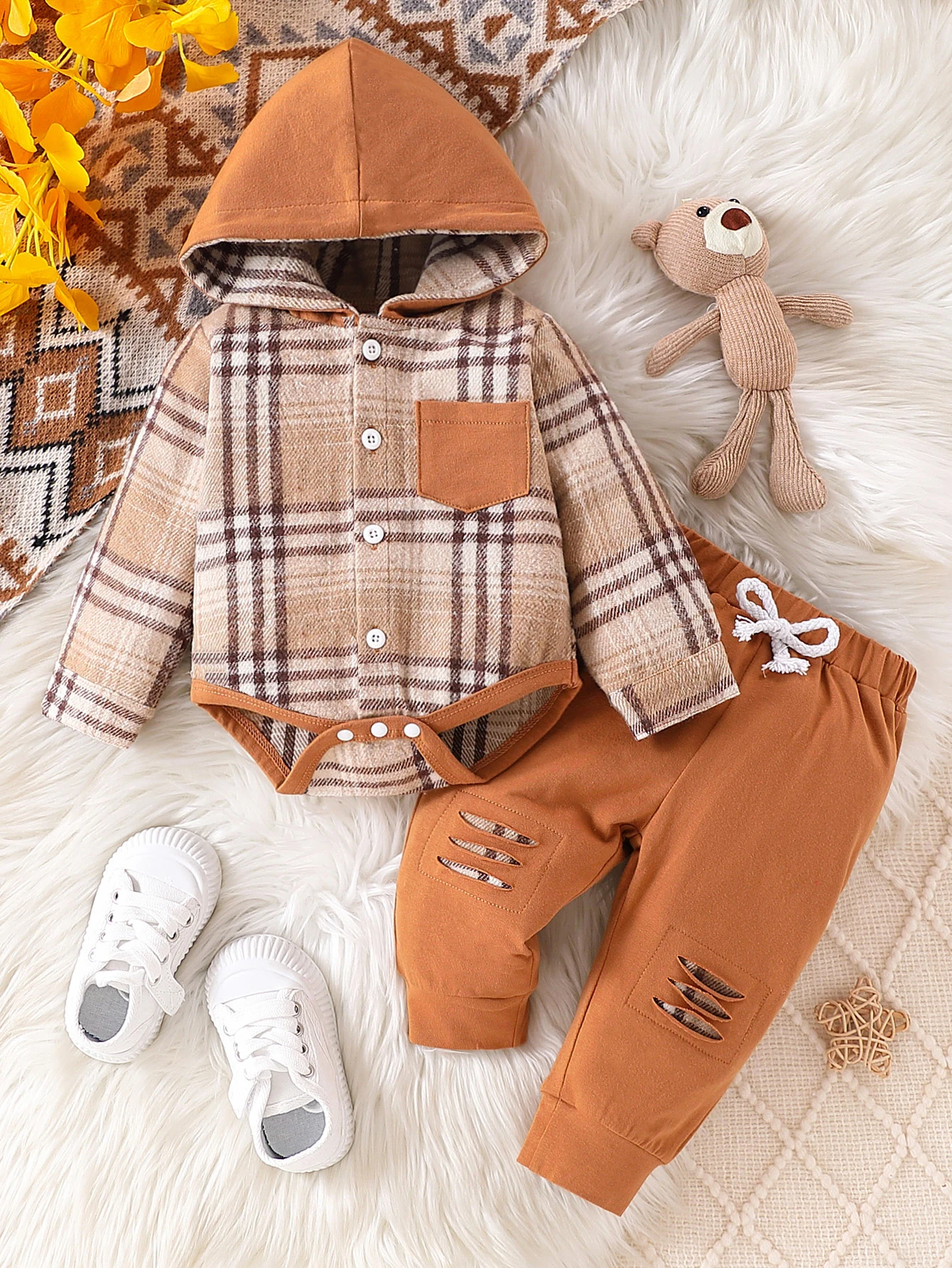 Children's Plaid Hooded Set Vintage Hood Design Plaid Fabric Bear Decoration Skin-friendly And Easy to Put on And off