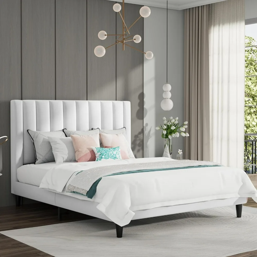 Bed.Full Bed Frame/Velvet Upholstered Platform Bed Frame with Headboard/Strong Wood Slats Support/Mattress Foundation/No Box