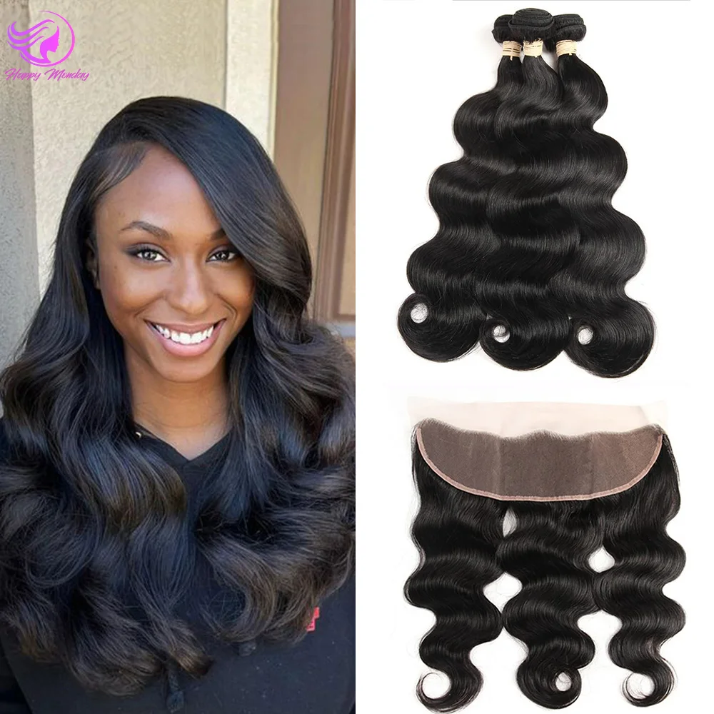 Body Wave Weave 3 Bundles Brazilian Real Human Hair Frontal Natural Human Hair Extensions 13x4 HD Transparent Lace Frontal