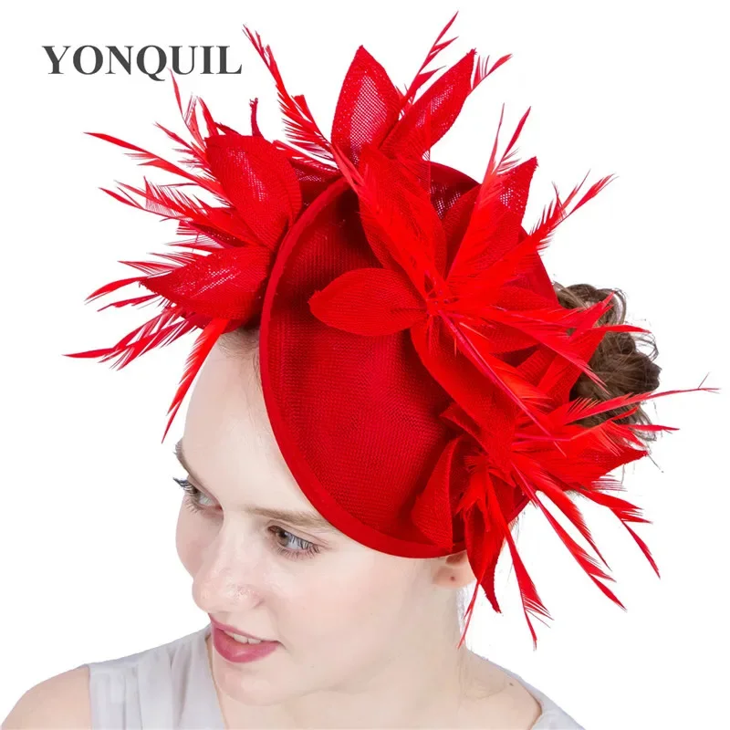 Red Wedding Fascinator Hats With Headbands Feather Special Hats Popular Hatinator Elegant Women Wedding Flower Headwear SYF152