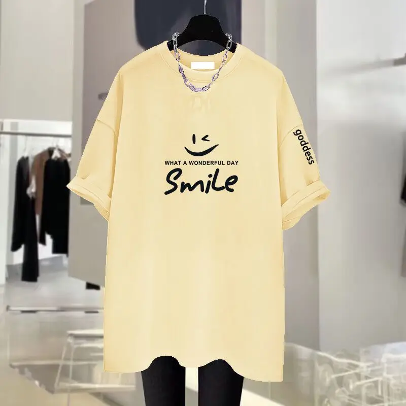 Summer Chic Hand-painted Letter Printing Top Tees Women Pure Cotton O-neck Short Sleeve Basic T-shirt Loose Pullover 45-105Kg
