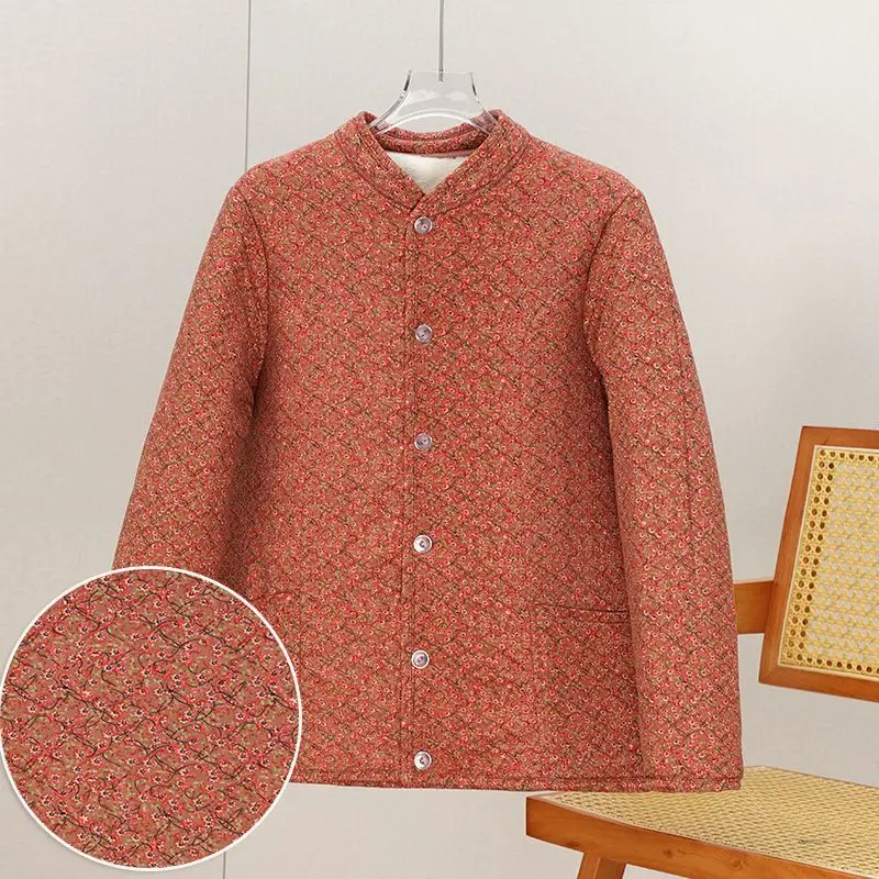 

Зимнее бархатное утепленное меховое кроличье меховое новое хлопковое пальто для мамы, свободная куртка с цветочным принтом для среднего возраста, термочехол с цветочным принтом