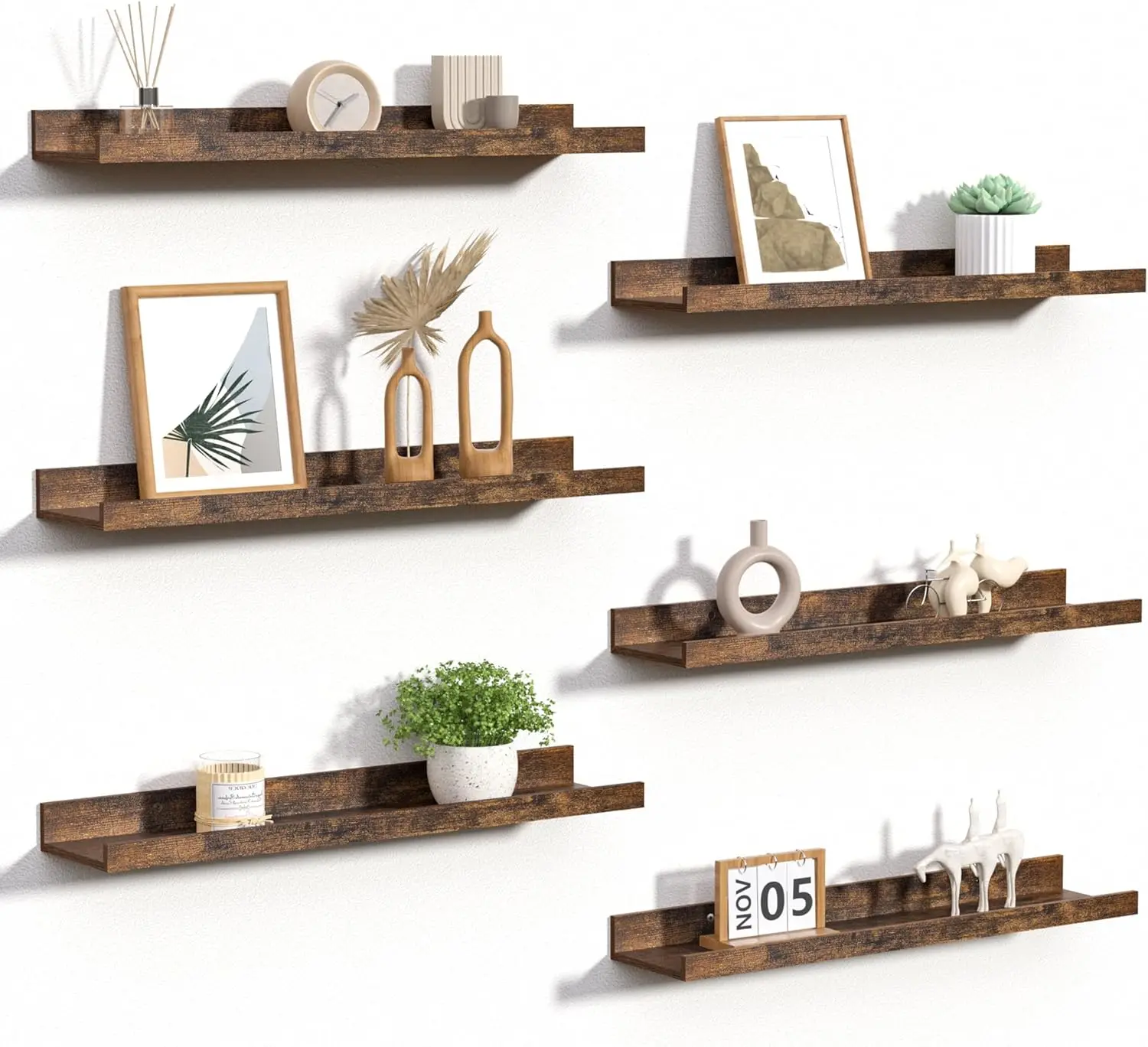 

Floating Shelves for Wall 23.6 Inch, Set of 6 Wall Mounted Wood Shelves for Bedroom Living Room Bathroom Kitchen Decor, Brown