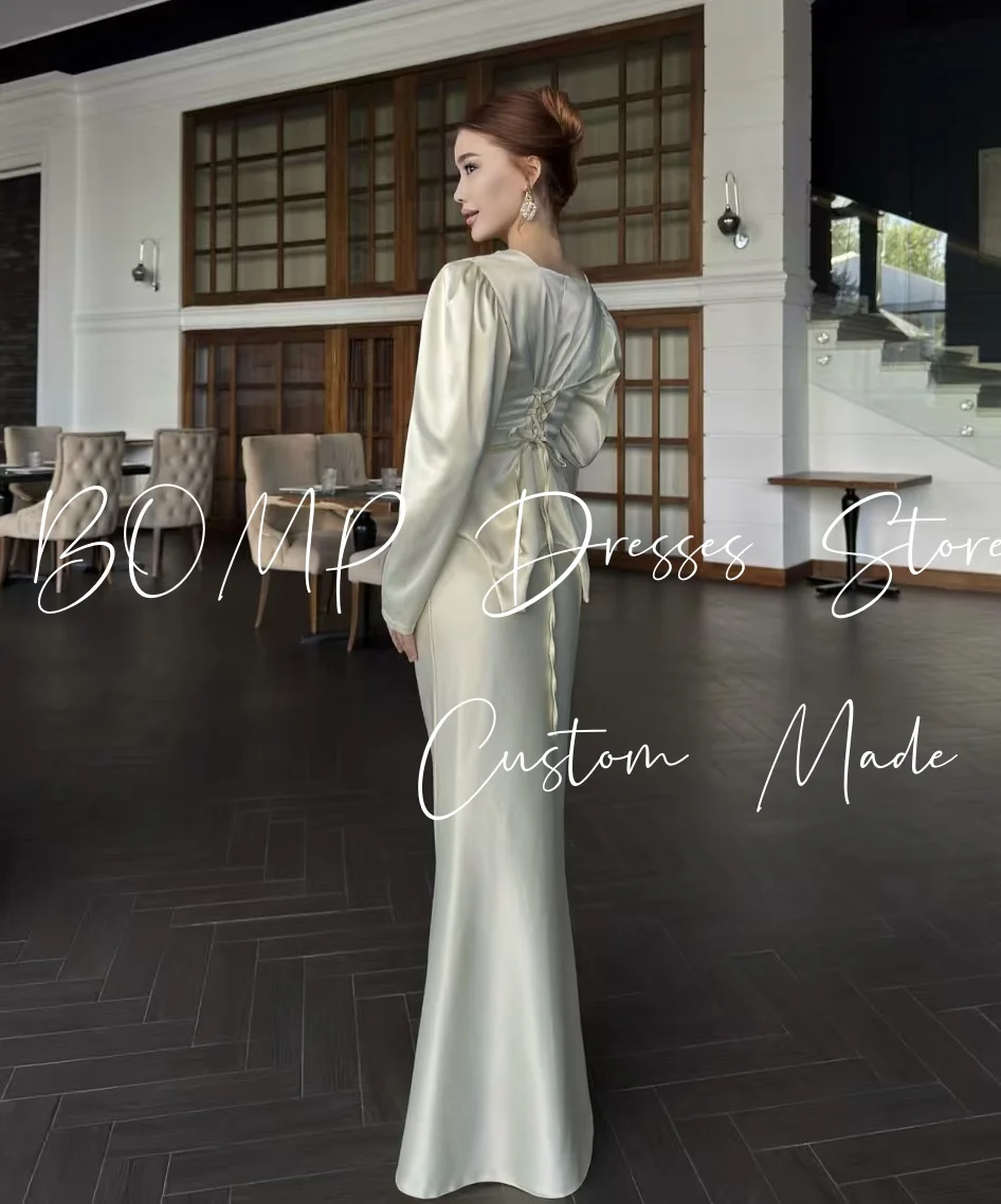 BOMP สง่างามลูกปัดชุดราตรีคอสี่เหลี่ยมแขนยาวนางเงือกความยาวซาตินงานแต่งงานชุดที่กำหนดเองคลาสสิก