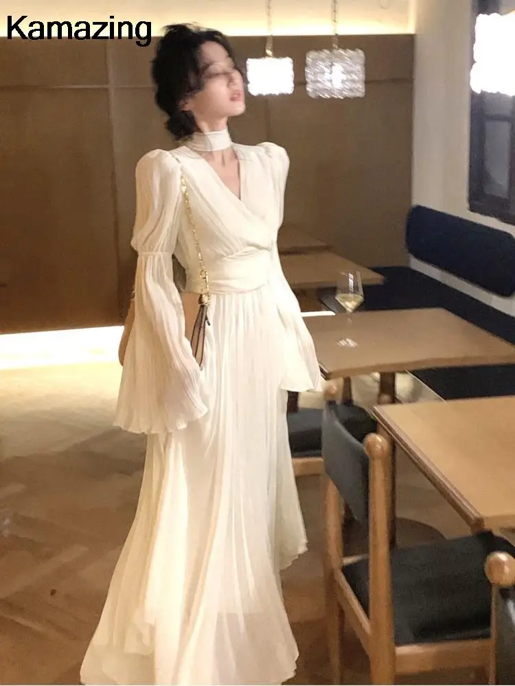 French Vintage Wedding Evening Party Dress Autumn V-neck Flare Sleeve Pleated Long Dresses for Women Fashion One Piece Vestidos