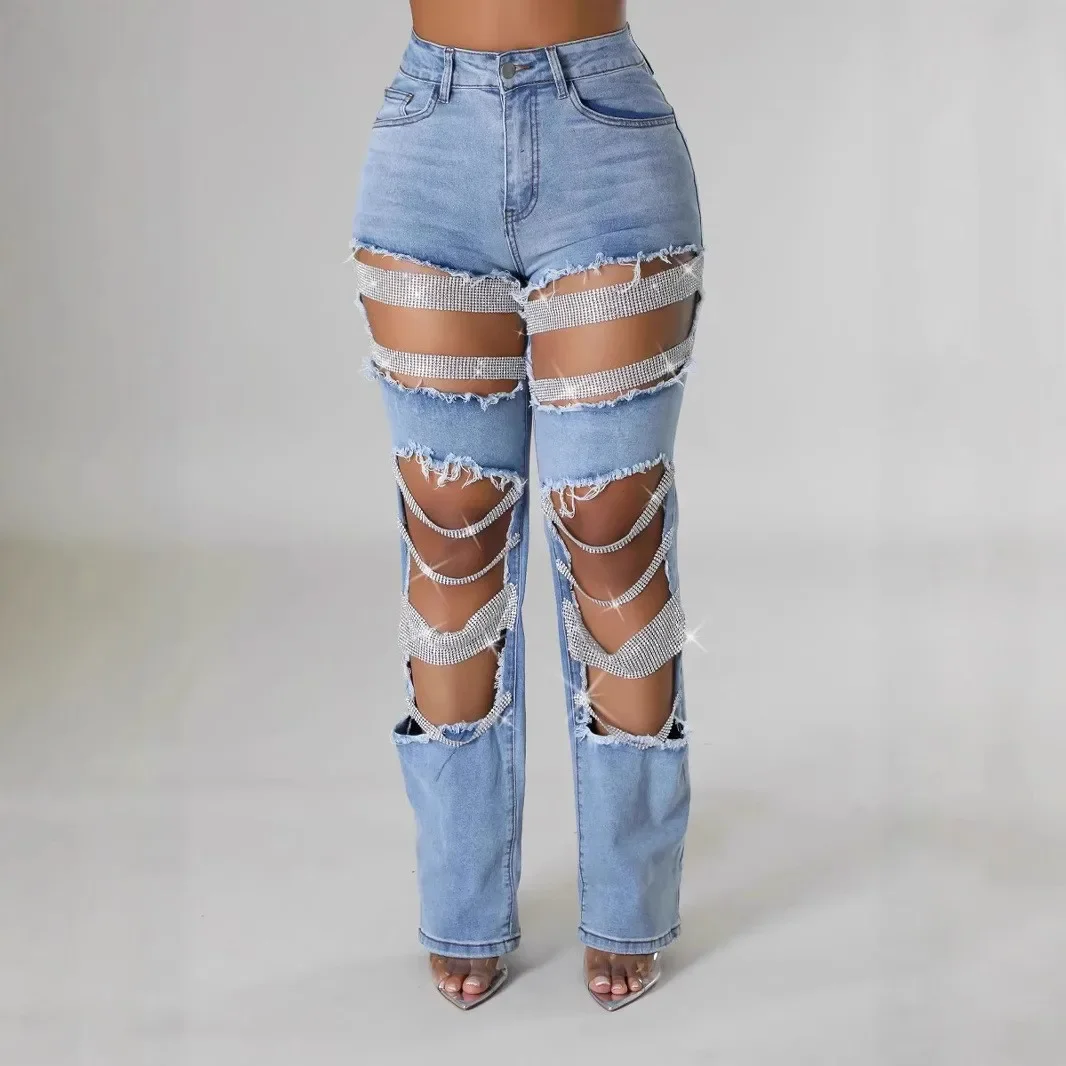 

Women Pearl Beading Jean Hollow Out Hight Waist Streetwear Straight Denim Pant Pockets Casual Light Blue Denim Trousers 2025