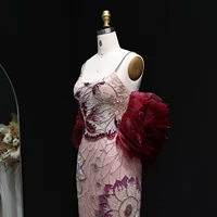 Sharon Said Luxury Pink Floral Beaded Evening Dress with Burgundy Shawl Cape Elegant Party Dress for Women SS515 Customized - Image 4