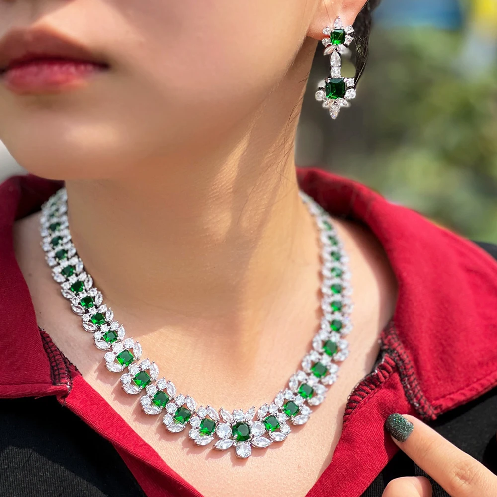 BeaQueen Sparkling White Gold Color Dark Green Cubic Zircon Chunky Necklace Earrings Luxury Dubai Women Bridal Jewelry Set JS387