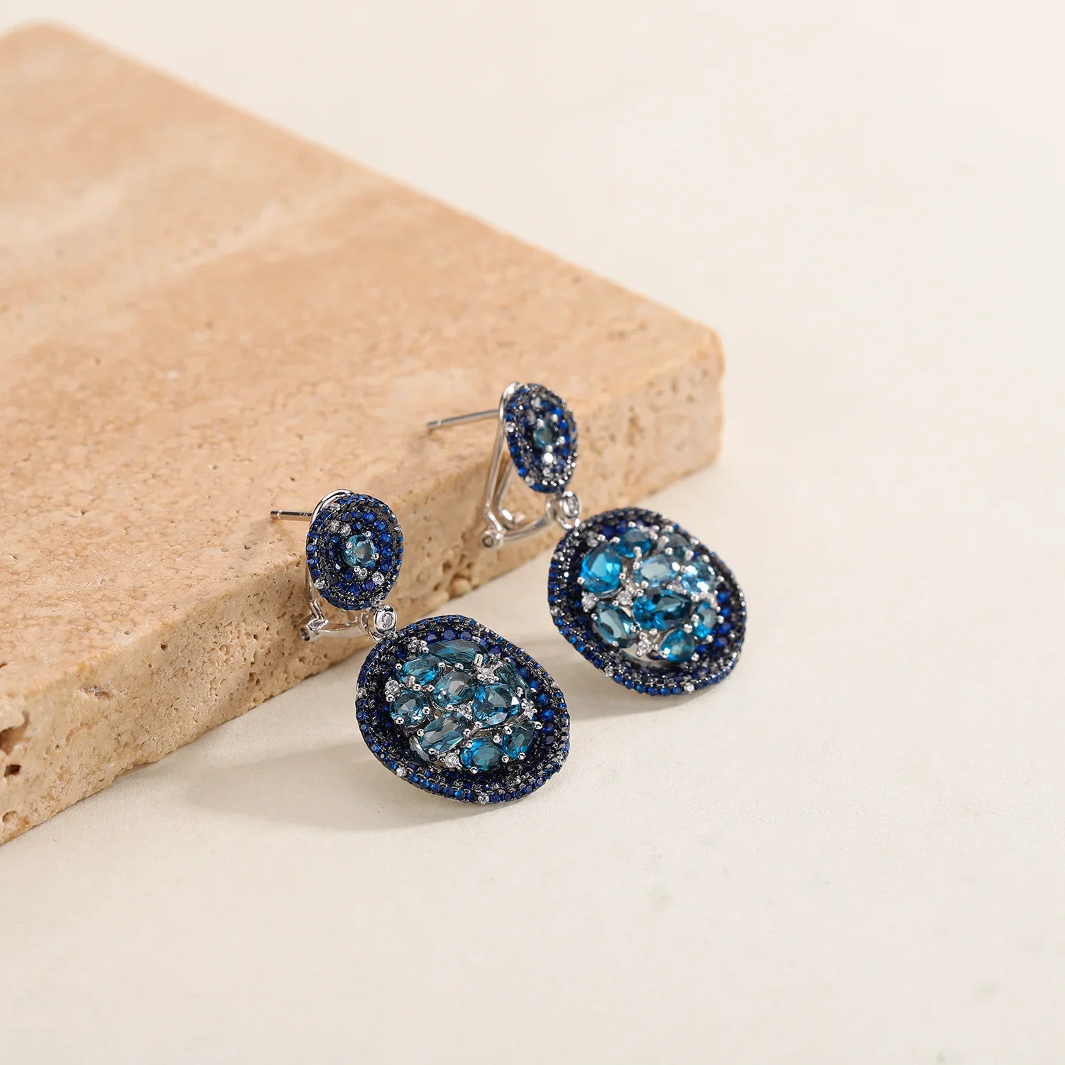 GEM'S BALLET Luxury Vintage Jewelry Natural London Blue Topaz Statement Dangle Earrings 925 Sterling Silver Handmade Earrings
