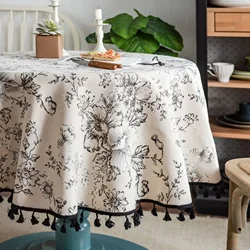 Cotton Linen Vintage Tablecloth Pastoral Floral Rustic Washable Round Table Cover For Farmhouse Decor,Picnic,Tabletop Decor