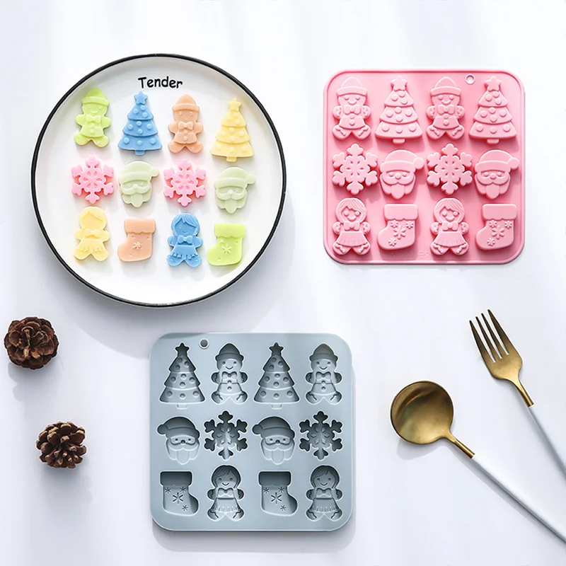 12-Piece Christmas Silicone Chocolate Molds In Gingerbread Man Christmas Tree Snowflake And Sock Shapes Suitable For Cake Molds