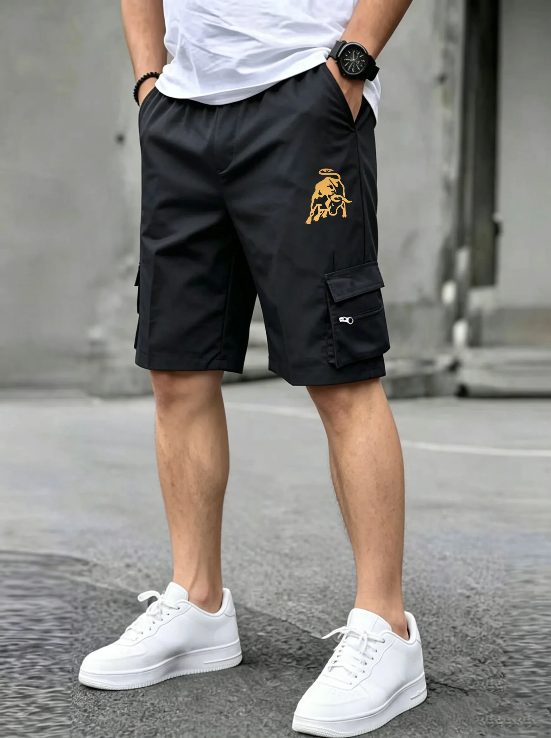 Printed Cargo Shorts, Summer Workwear, Camping Shorts with Multiple Pockets, Streetwear, Car Logo Printed Outdoor Workwear