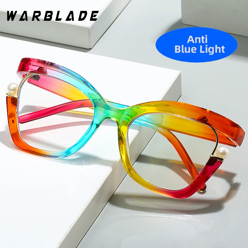 Oversized Cat Eye Women Eyeglasses With Pearls Stylish Anti Blue Light Blocking Spectacles Trendy Multicolor Computer Eyewear