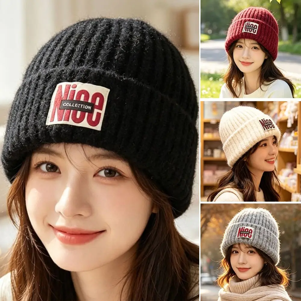 Fashion Letter Embroidery Knitted Woolen Hat Thickened Keep Warm Beanies Cap Windproof Ear Protection Hat for Student Girls