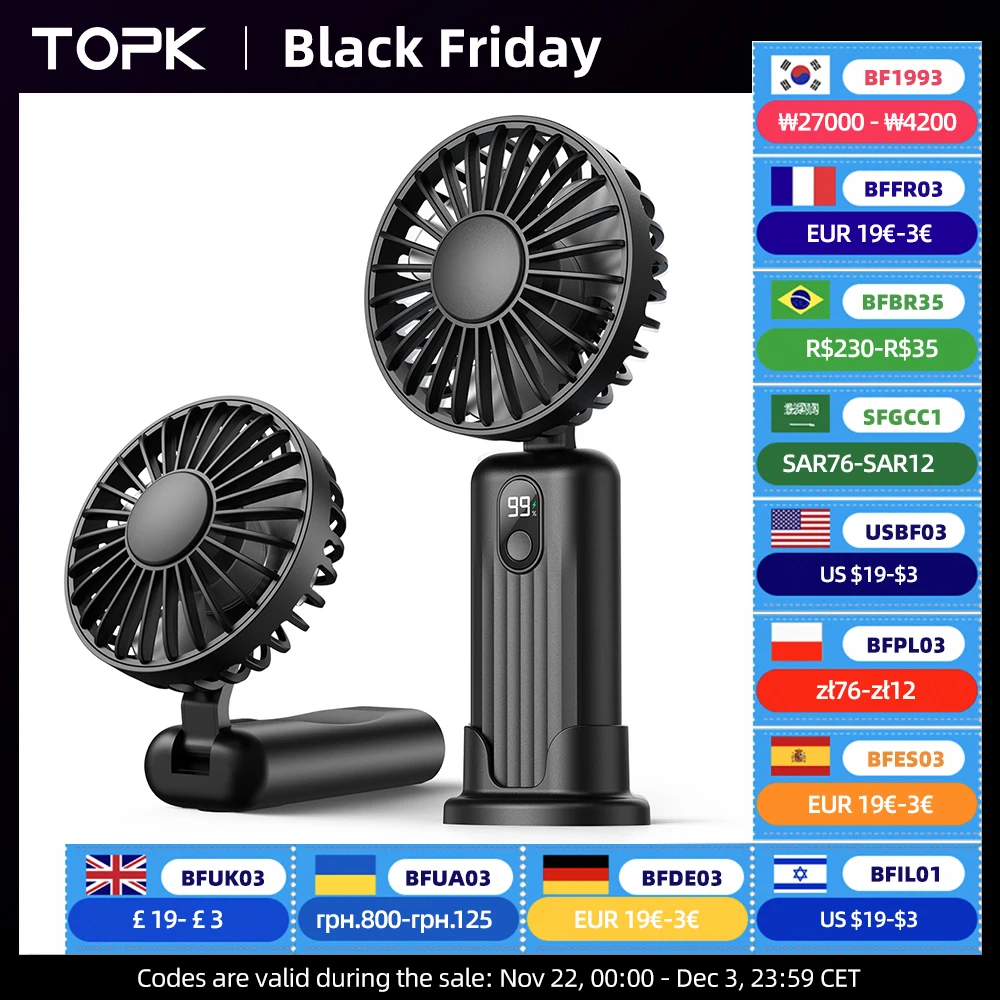 TOPK Portable Mini Fan,2400mAh USB Rechargeable Hand Neck Fan 3in1 Personal Electric Fan Standing Fans for Room Camping Foldable