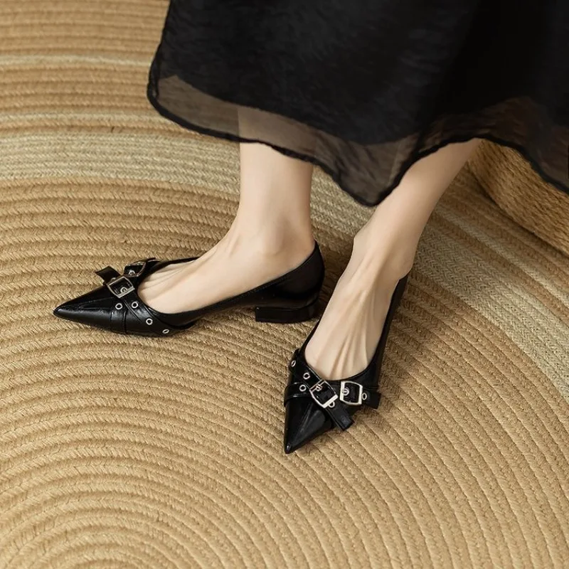 Chaussures simples à talons bas pour femmes, nouvelle boucle de ceinture, bouche peu profonde, talon carré, mode printemps-automne 2025