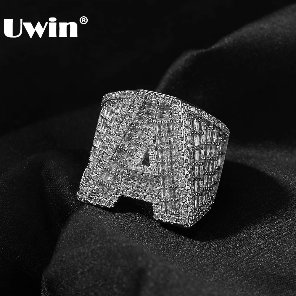 

UWIN Customized Initial Letters/Numbers Ring for Women Men Iced Out Baguettecz Letters Ring Fashion Jewelry for Gift Size 7-12