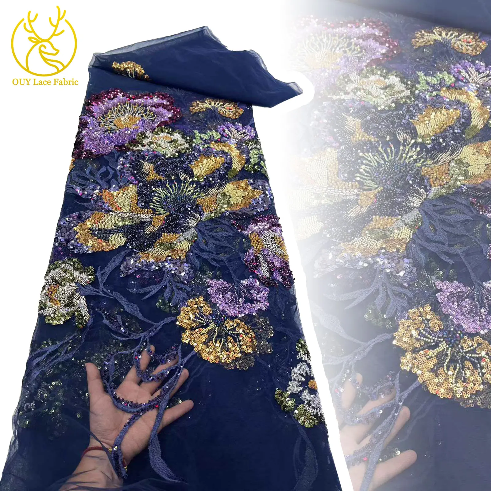 

African French Beaded Lace Fabric 2025 High-Quality Groom Embroidery Nigerian 3D Flower Sequins Tulle Lace Party Dress 5 Yards