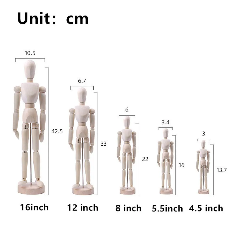 4.5-16 inch Artist Wooden Manikin Mannequin Sketch Sculpting Lay Figure Drawing Model Jointed Doll Natural Wood Limbs Body Toys