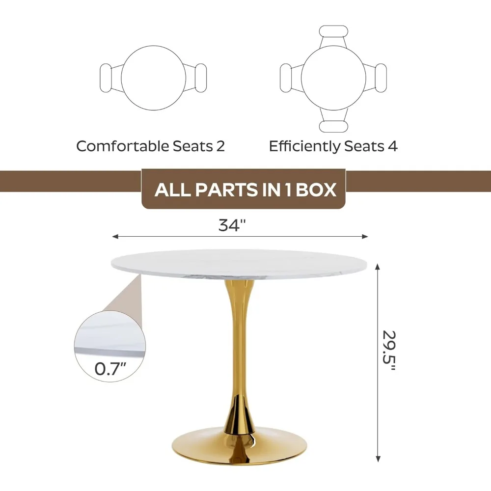 طاولة طعام مستديرة مقاس 34 بوصة لسطح MDF من الرخام الأبيض السميك 2-4 - 0.7 بوصة وقاعدة معدنية ذهبية، مطبخ حديث في منتصف القرن #3