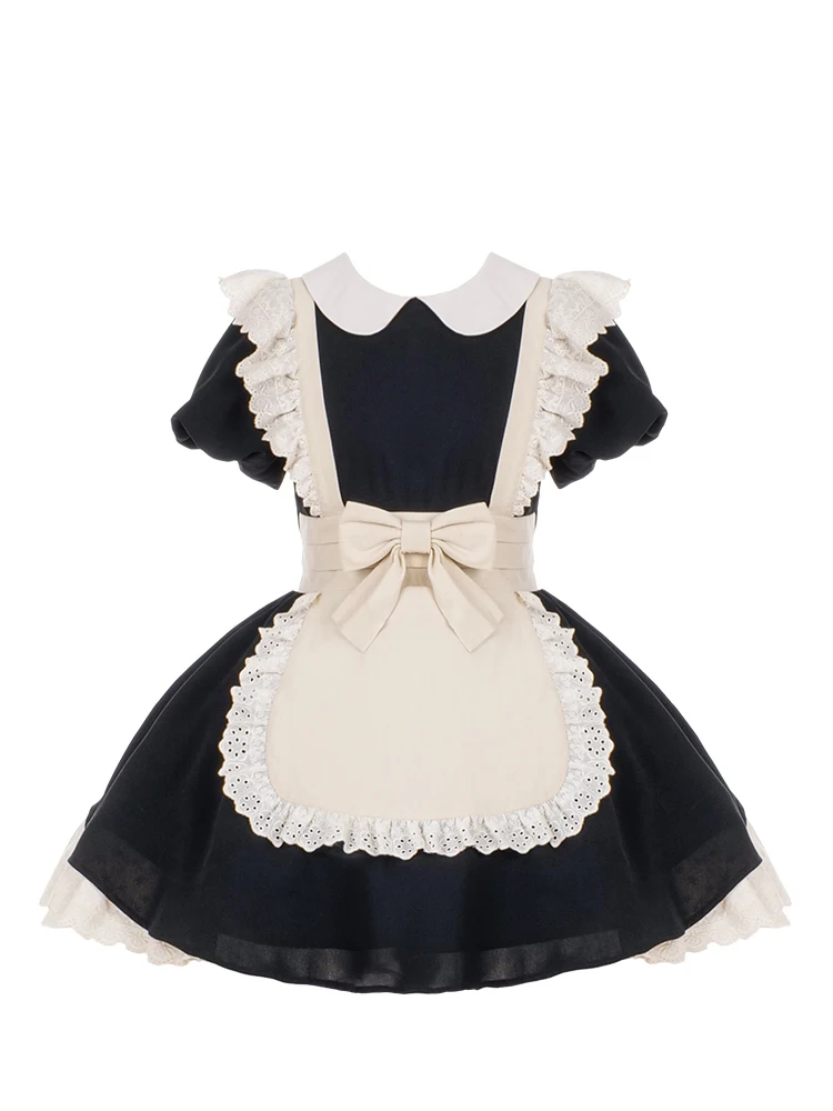 Gothic Lolita Maid Attire with  Traditional  Style Pleated Lace Top and Bow Lolita Skirt By with PUJI