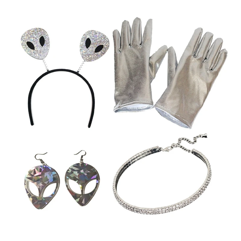 Divertido disfraz extraterrestre para niños y adultos, diadema extraterrestre, guantes, collar brillante, pendientes