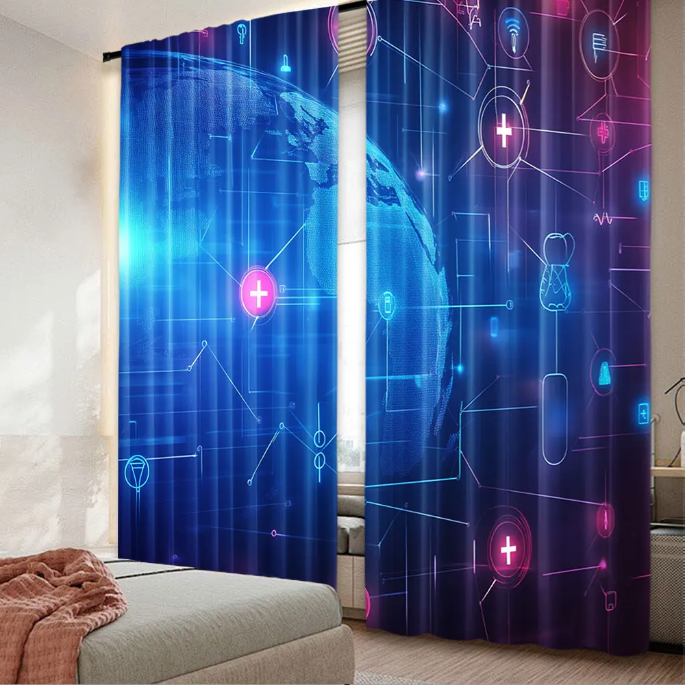 2Pcs Global Network Connection Analysis Curtains Blue Futuristic Curtains Suitable For Modern Office Living Room Bedroom